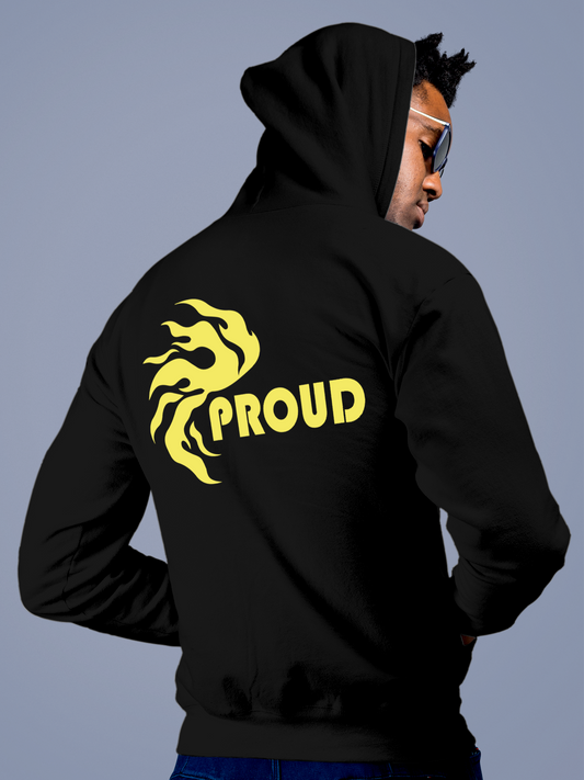 Fighterhero Hoodie Collection: Model wearing Men's Black Hoodie Sweatshirt with 'Proud' design