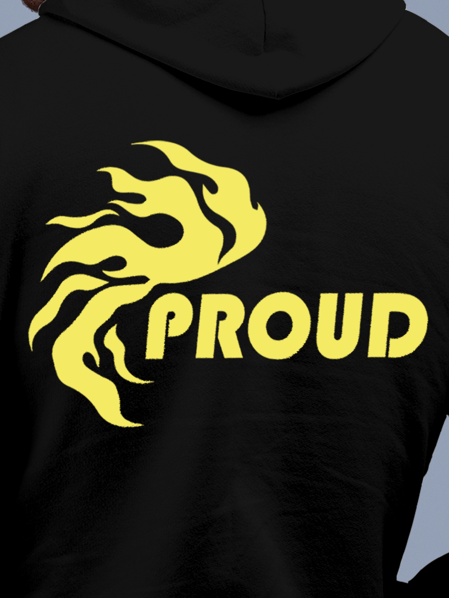 Close up of 'Proud' design on Men's Black Hoodie Sweatshirt, highlighting intricate details and vibrant print.