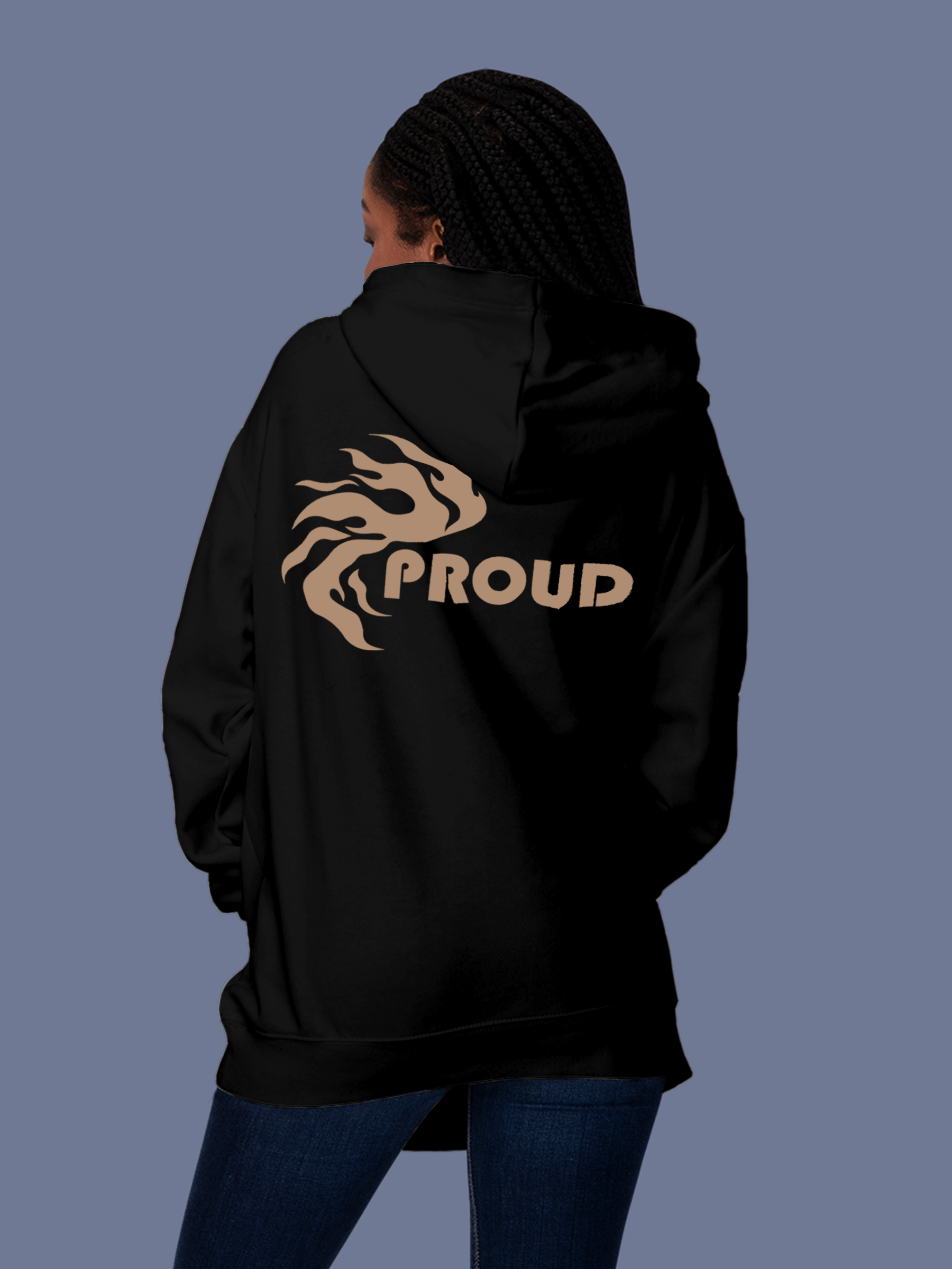 Model wearing Women's Black Hoodie Sweatshirt with 'Proud' design, offering effortless style and premium comfort