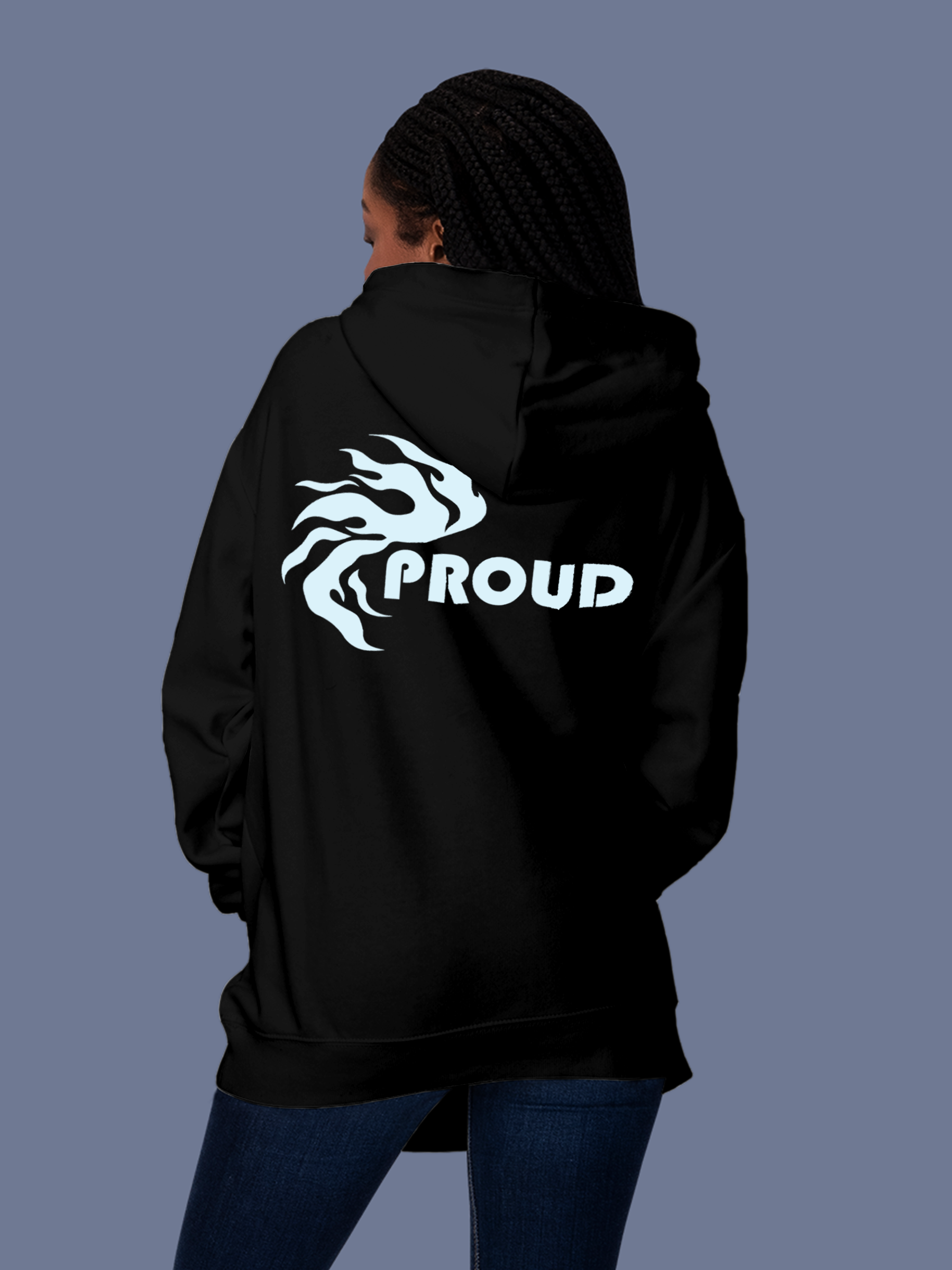 Model wearing Women's Black Hoodie Sweatshirt with 'Proud' design, offering effortless style and premium comfort