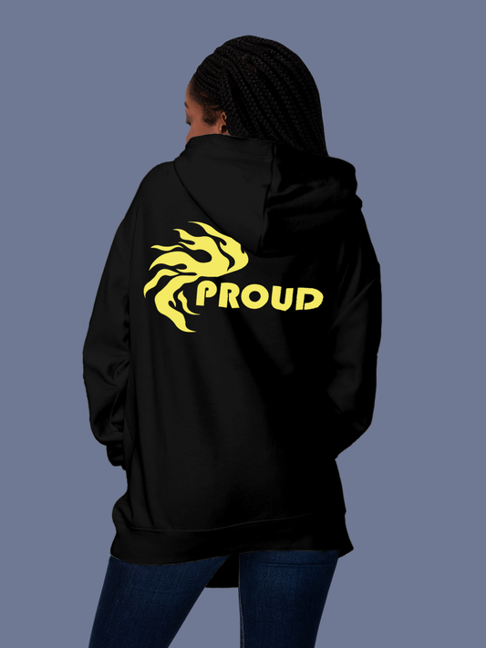 Fighterhero Hoodie Collection: Model wearing Women's Black Hoodie Sweatshirt with 'Proud' design