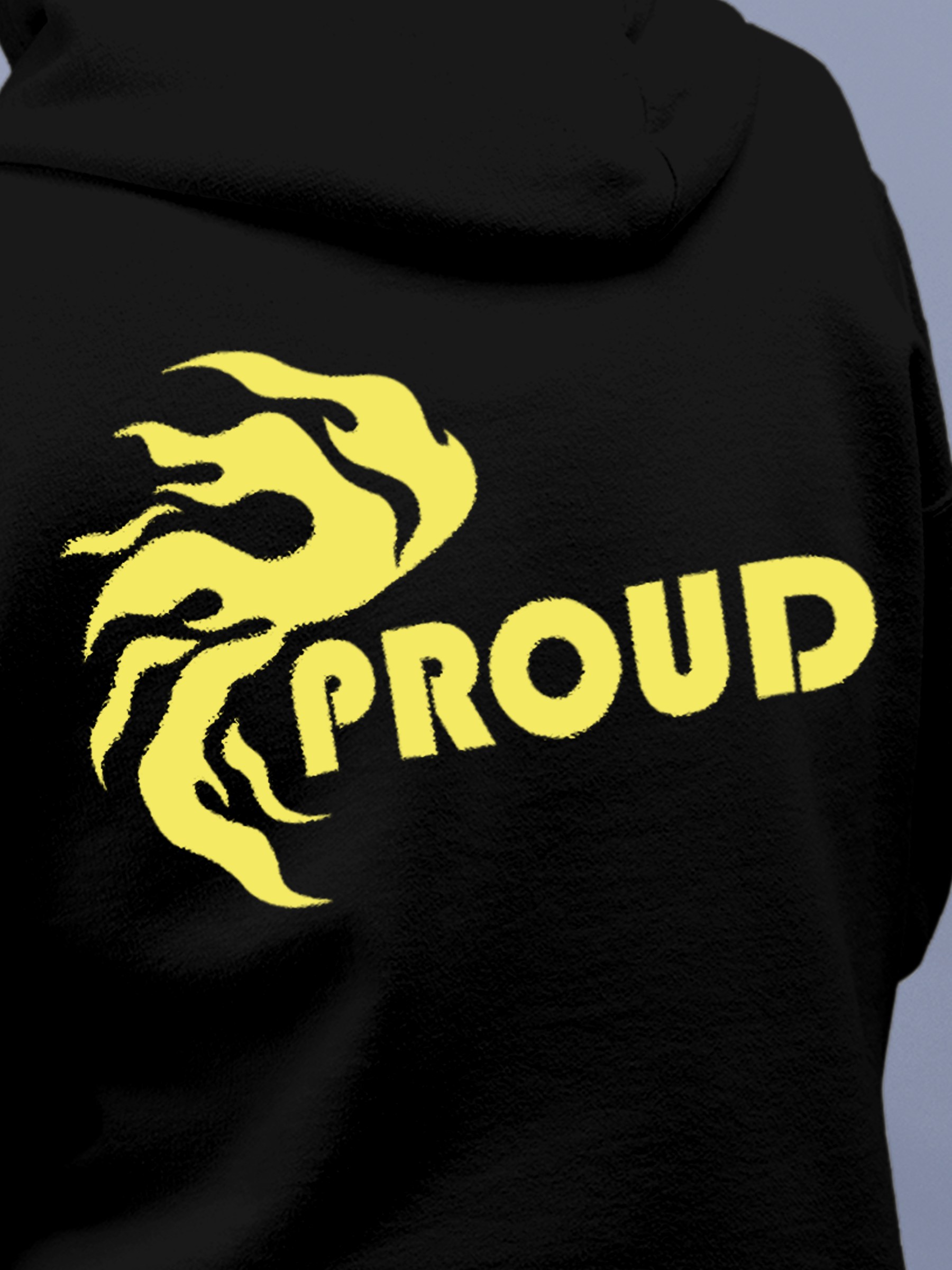 Close up of 'Proud' design on Women's Black Hoodie Sweatshirt, highlighting intricate details and vibrant print.