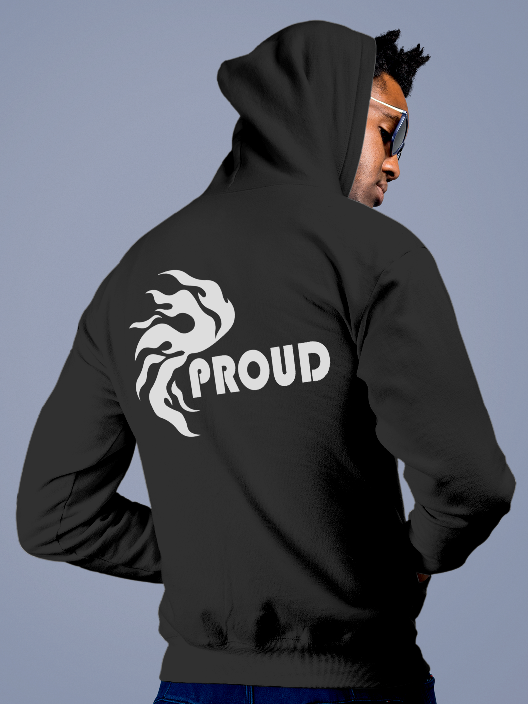 Model wearing Men's Charcoal Grey Hoodie Sweatshirt with 'Proud' design, offering effortless style and premium comfort