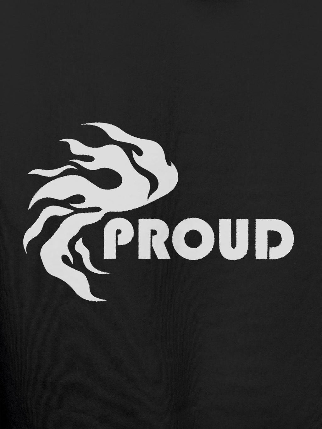 Close up of 'Proud' design on Men's Dark Grey Hoodie Sweatshirt, highlighting intricate details and vibrant print.