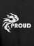 Close up of 'Proud' design on Men's Dark Grey Hoodie Sweatshirt, highlighting intricate details and vibrant print.