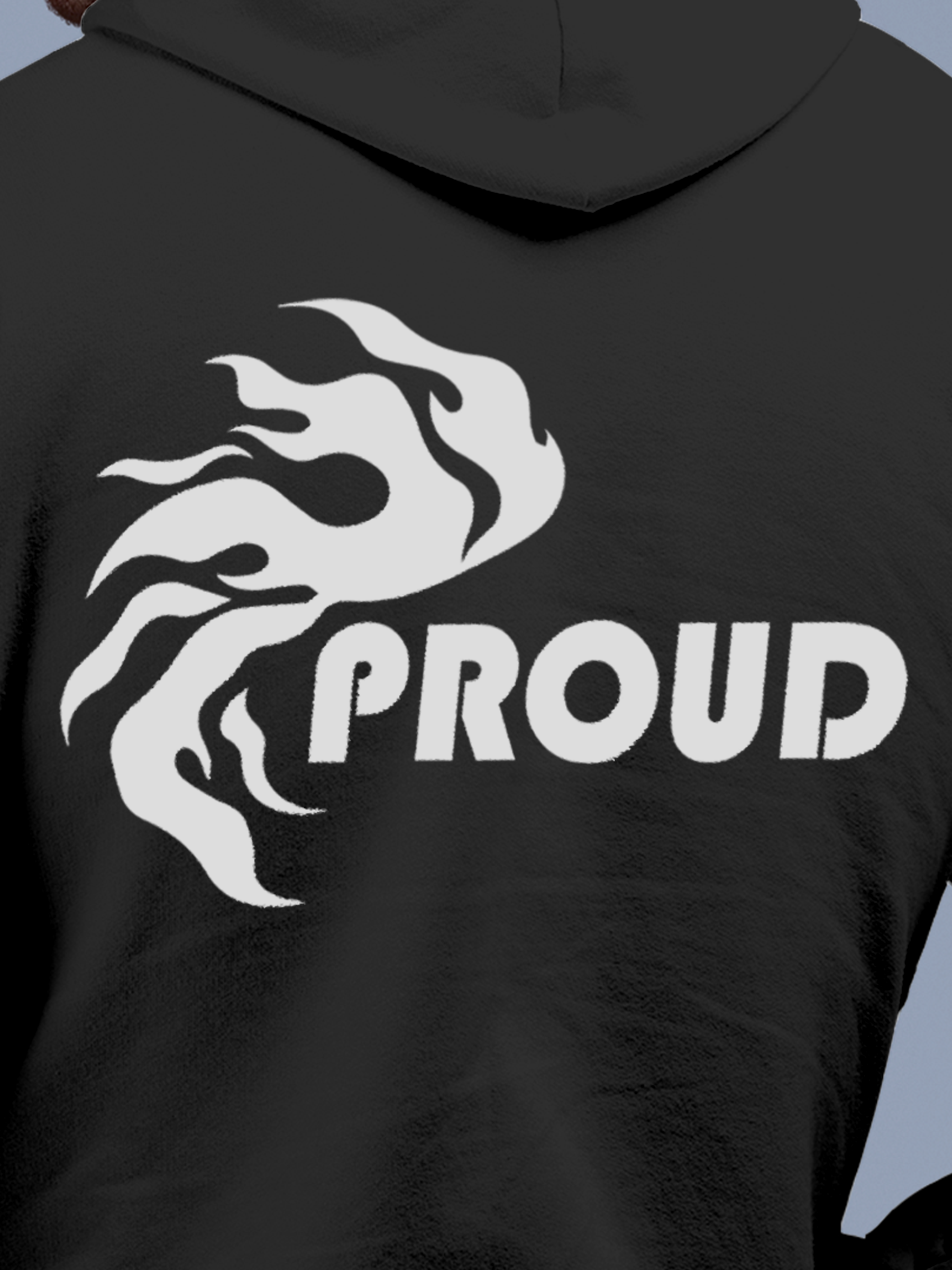 Close up of 'Proud' design on Men's Charcoal Grey Hoodie Sweatshirt, highlighting intricate details and vibrant print.
