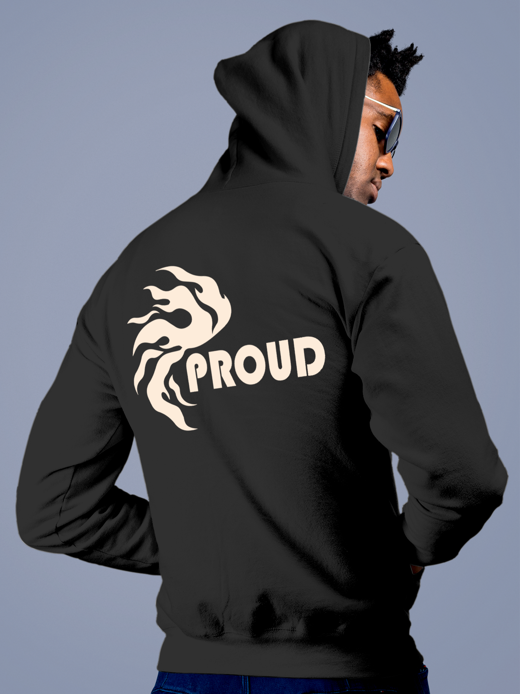 Model wearing Men's Charcoal Grey Hoodie Sweatshirt with 'Proud' design, offering effortless style and premium comfort