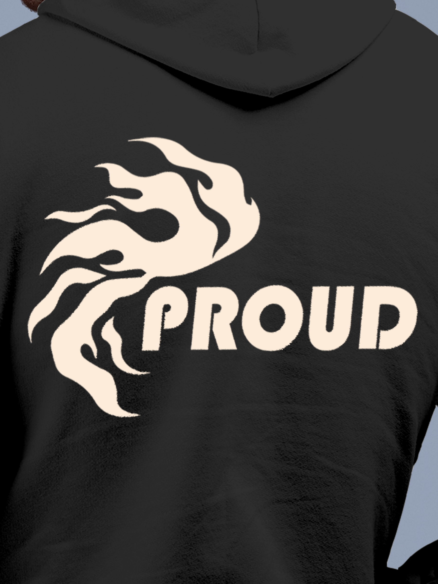 Close up of 'Proud' design on Men's Charcoal Grey Hoodie Sweatshirt, highlighting intricate details and vibrant print.