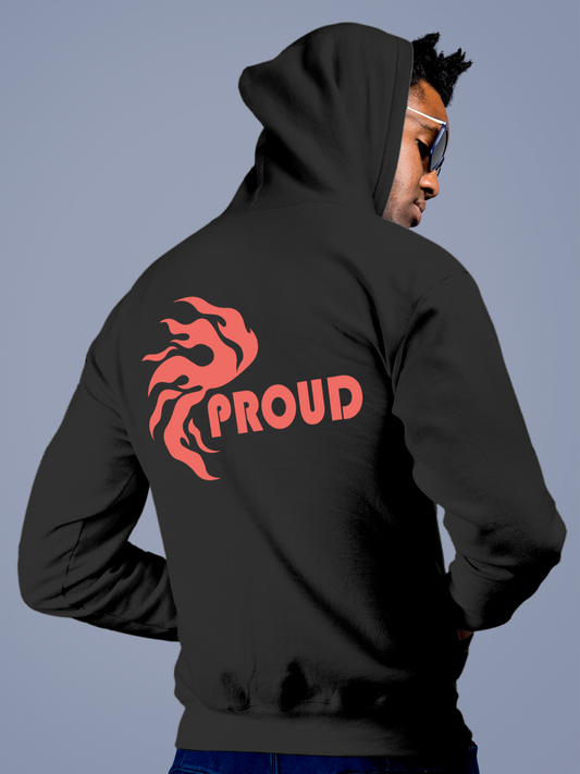 Fighterhero Hoodie Collection: Model wearing Men's Charcoal Grey Hoodie Sweatshirt with 'Proud' design