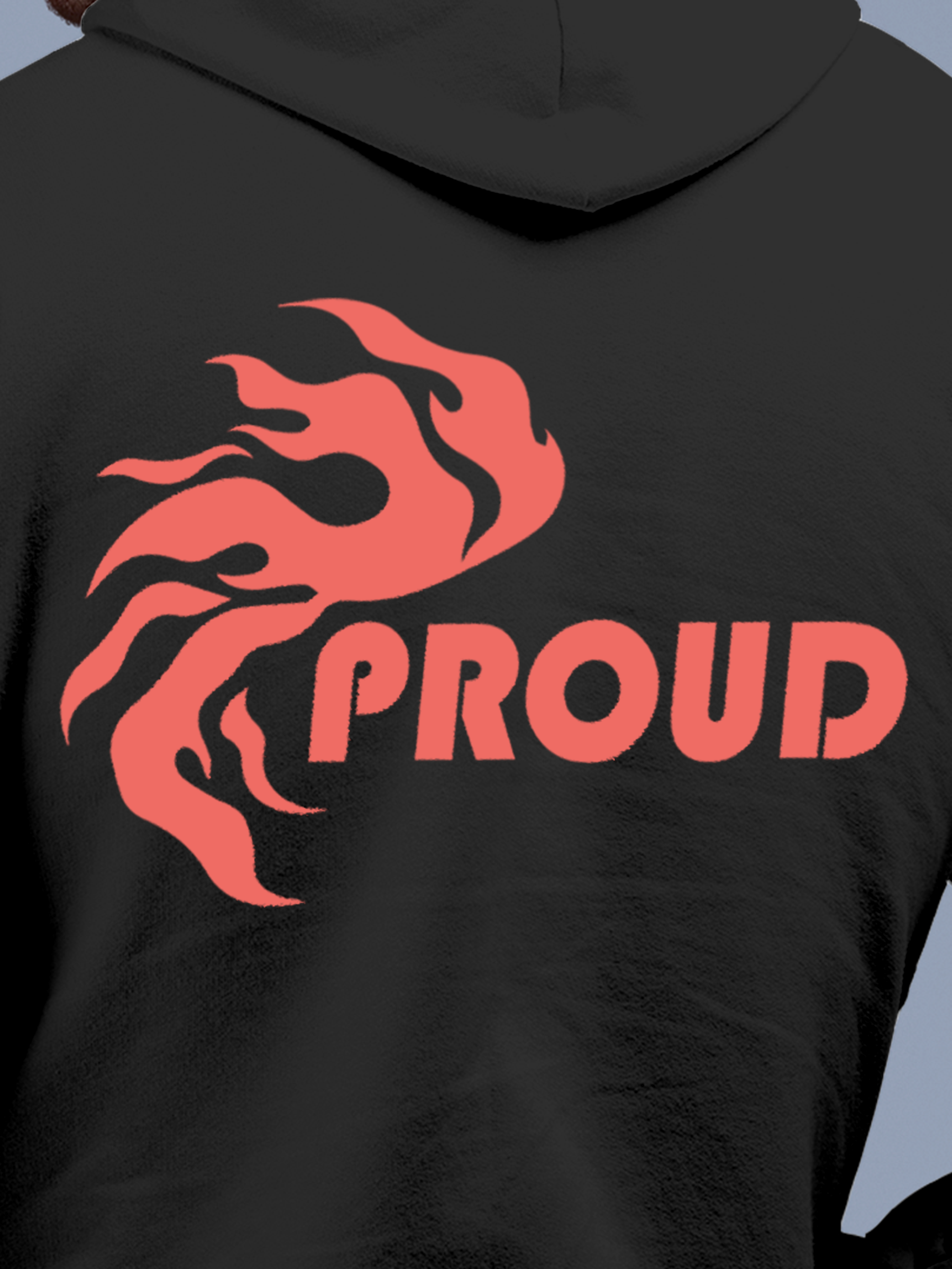 Close up of 'Proud' design on Men's Charcoal Grey Hoodie Sweatshirt, highlighting intricate details and vibrant print.