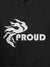 Close up of 'Proud' design on Women's Dark Grey Hoodie Sweatshirt, highlighting intricate details and vibrant print.
