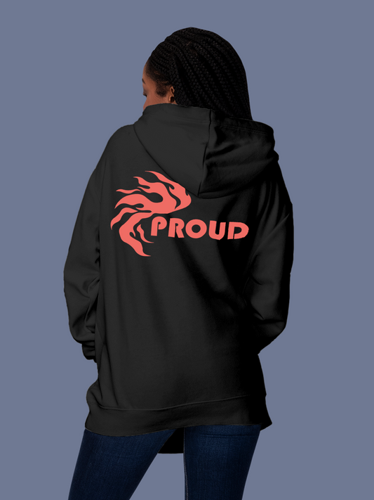 Fighterhero Hoodie Collection: Model wearing Women's Charcoal Grey Hoodie Sweatshirt with 'Proud' design
