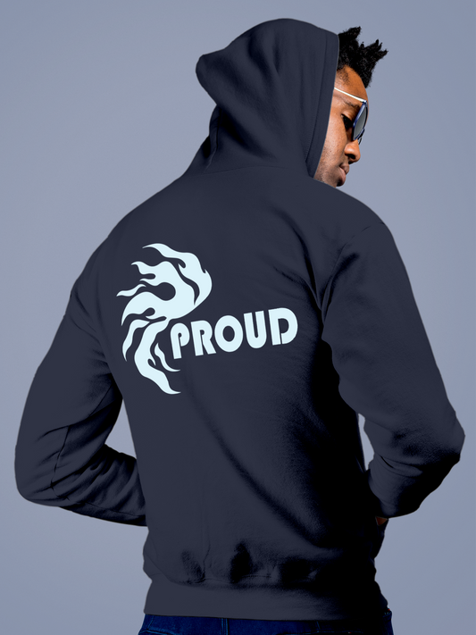 Fighterhero Hoodie Collection: Model wearing Men's Navy Blue Hoodie Sweatshirt with 'Proud' design