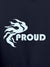Close up of 'Proud' design on Men's Navy Blue Hoodie Sweatshirt, highlighting intricate details and vibrant print.