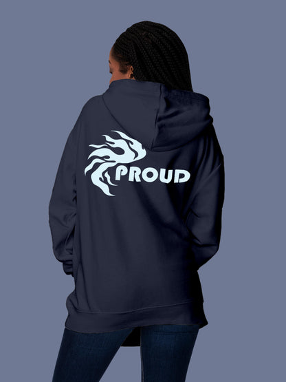 Model wearing Women's Navy Blue Hoodie Sweatshirt with 'Proud' design, offering effortless style and premium comfort