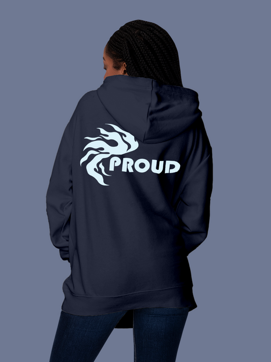 Fighterhero Hoodie Collection: Model wearing Women's Navy Blue Hoodie Sweatshirt with 'Proud' design