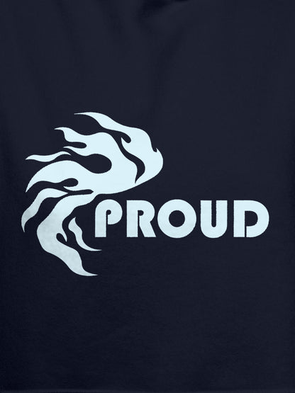Close up of 'Proud' design on Women's Navy Blue Hoodie Sweatshirt, highlighting intricate details and vibrant print.