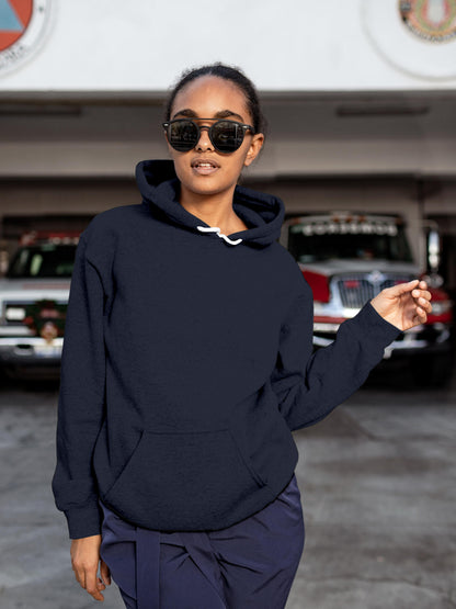 Front view of Fighterhero Women's Navy Blue Hoodie Sweatshirt, highlighting the modern look and clean finish