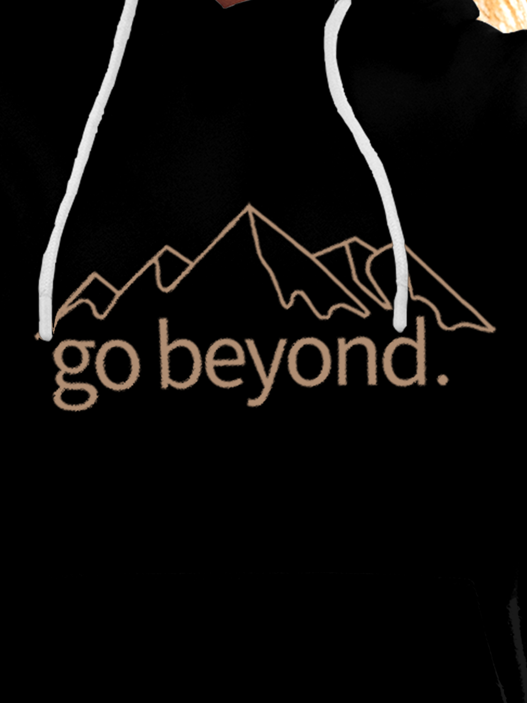 Close up of 'Go Beyond' design on Women's Black Hoodie Sweatshirt, highlighting intricate details and vibrant print.