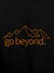 Close up of 'Go Beyond' design on Women's Black Hoodie Sweatshirt, highlighting intricate details and vibrant print.
