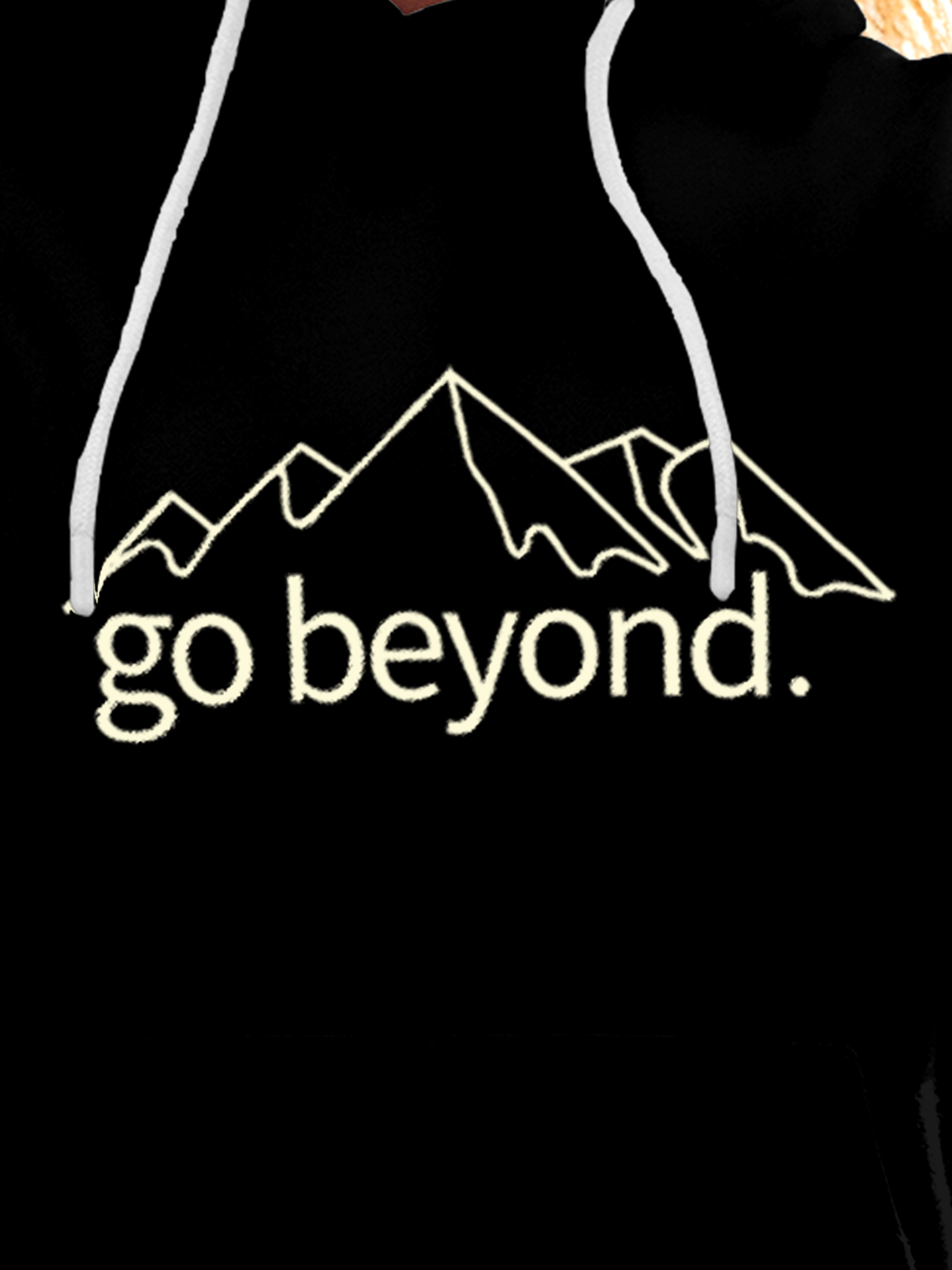 Close up of 'Go Beyond' design on Women's Black Hoodie Sweatshirt, highlighting intricate details and vibrant print.