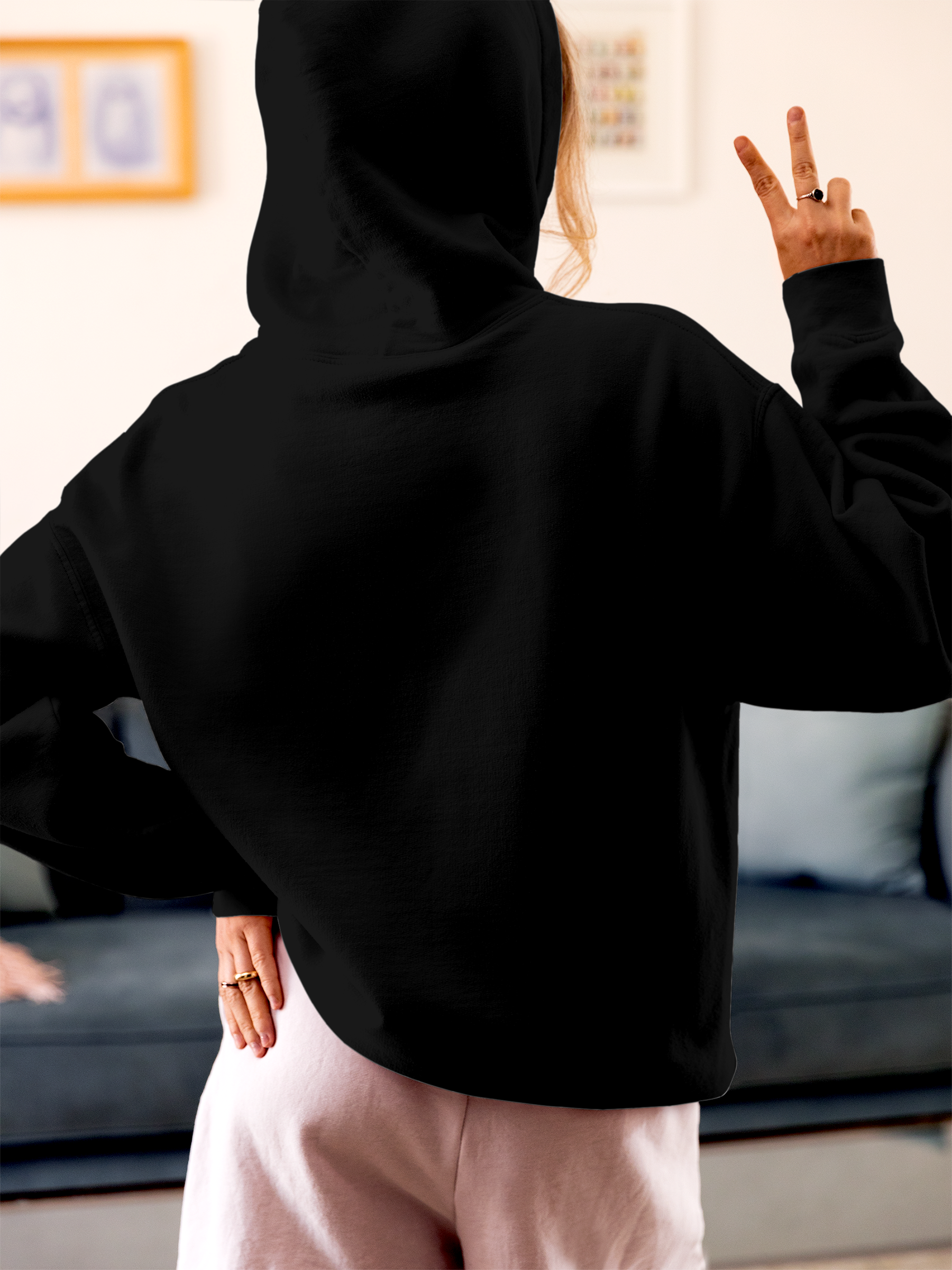 Back view of Fighterhero Women's Black Hoodie Sweatshirt, highlighting the modern look and clean finish
