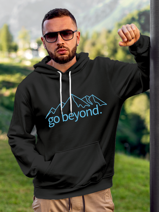 Fighterhero Hoodie Collection: Model wearing Men's Charcoal Grey Hoodie Sweatshirt with 'Go Beyond' design