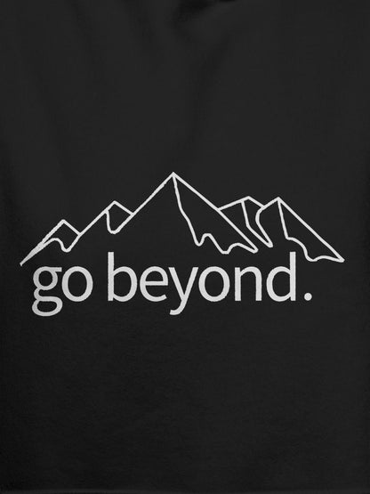 Close up of 'Go Beyond' design on Men's Dark Grey Hoodie Sweatshirt, highlighting intricate details and vibrant print.