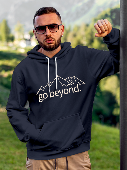 Fighterhero Hoodie Collection: Model wearing Men's Navy Blue Hoodie Sweatshirt with 'Go Beyond' design