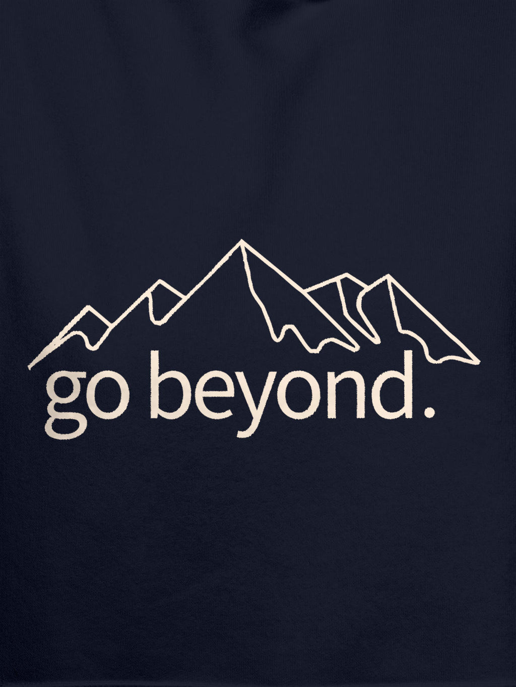 Close up of 'Go Beyond' design on Men's Navy Blue Hoodie Sweatshirt, highlighting intricate details and vibrant print.