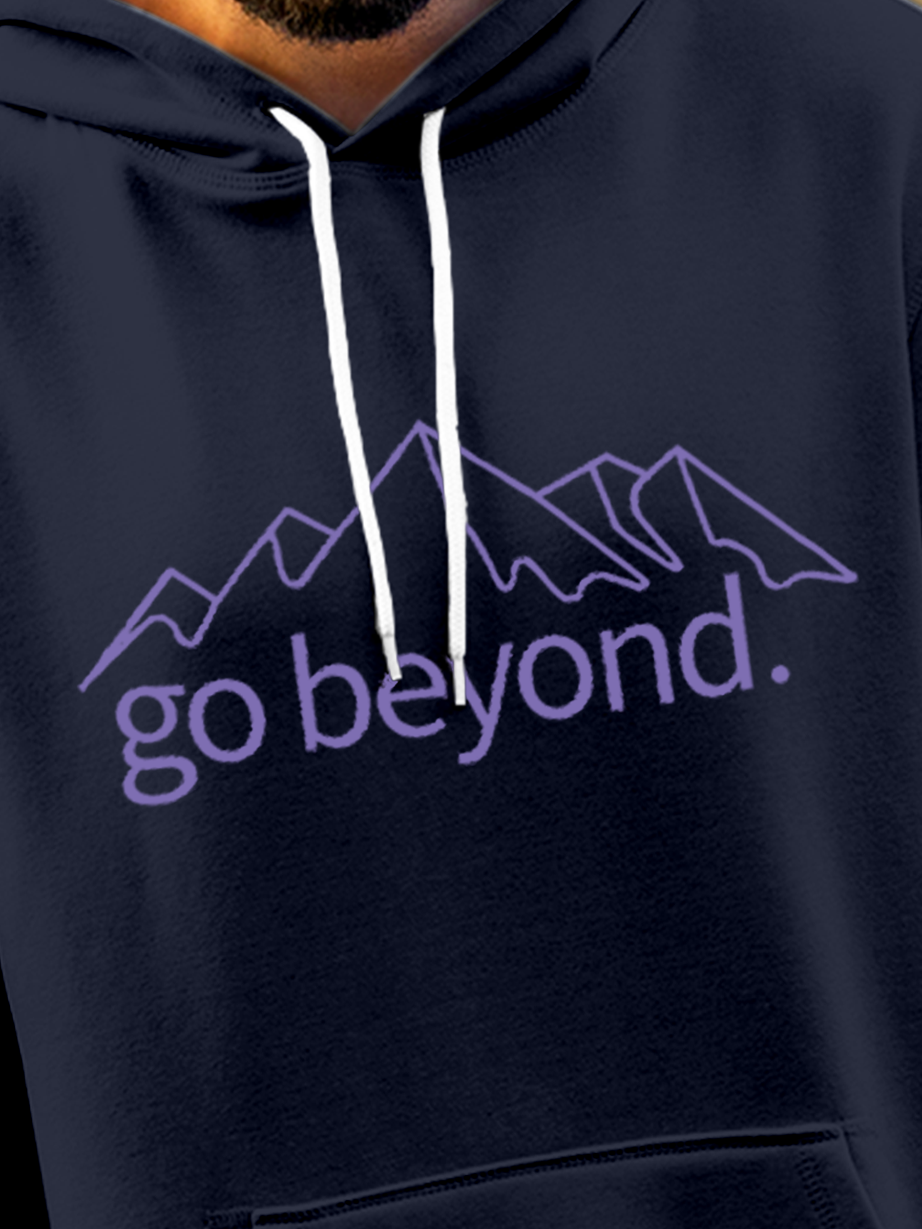 Close up of 'Go Beyond' design on Men's Navy Blue Hoodie Sweatshirt, highlighting intricate details and vibrant print.