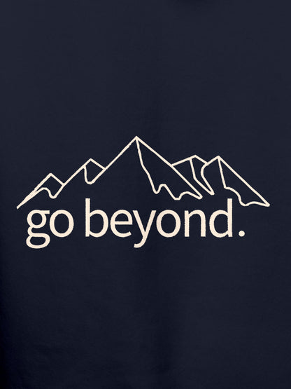Close up of 'Go Beyond' design on Women's Navy Blue Hoodie Sweatshirt, highlighting intricate details and vibrant print.