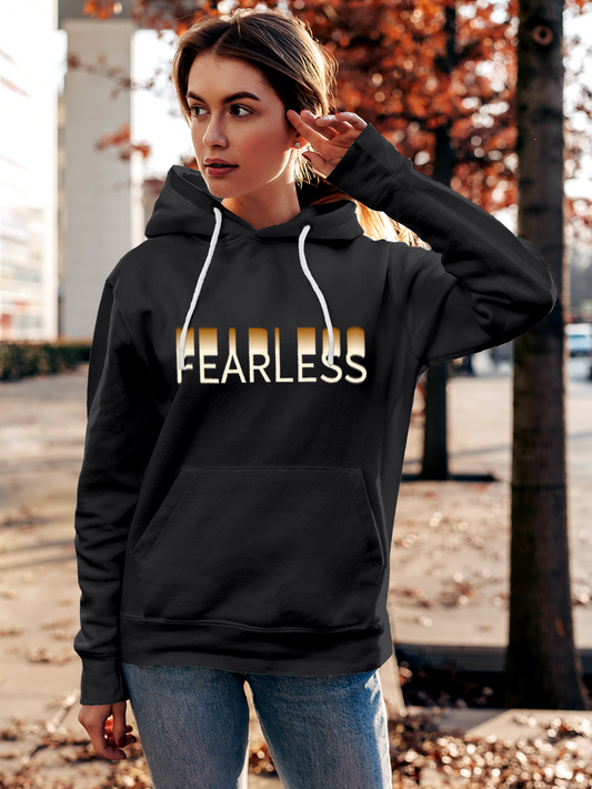Fighterhero Hoodie Collection: Model wearing Women's Charcoal Grey Hoodie Sweatshirt with 'Fearless' design
