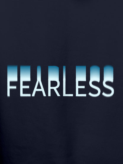Close up of 'Fearless' design on Men's Navy Blue Hoodie Sweatshirt, highlighting intricate details and vibrant print.