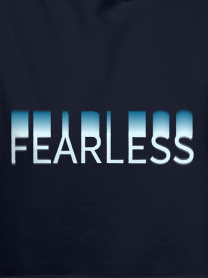 Close up of 'Fearless' design on Women's Navy Blue Hoodie Sweatshirt, highlighting intricate details and vibrant print.