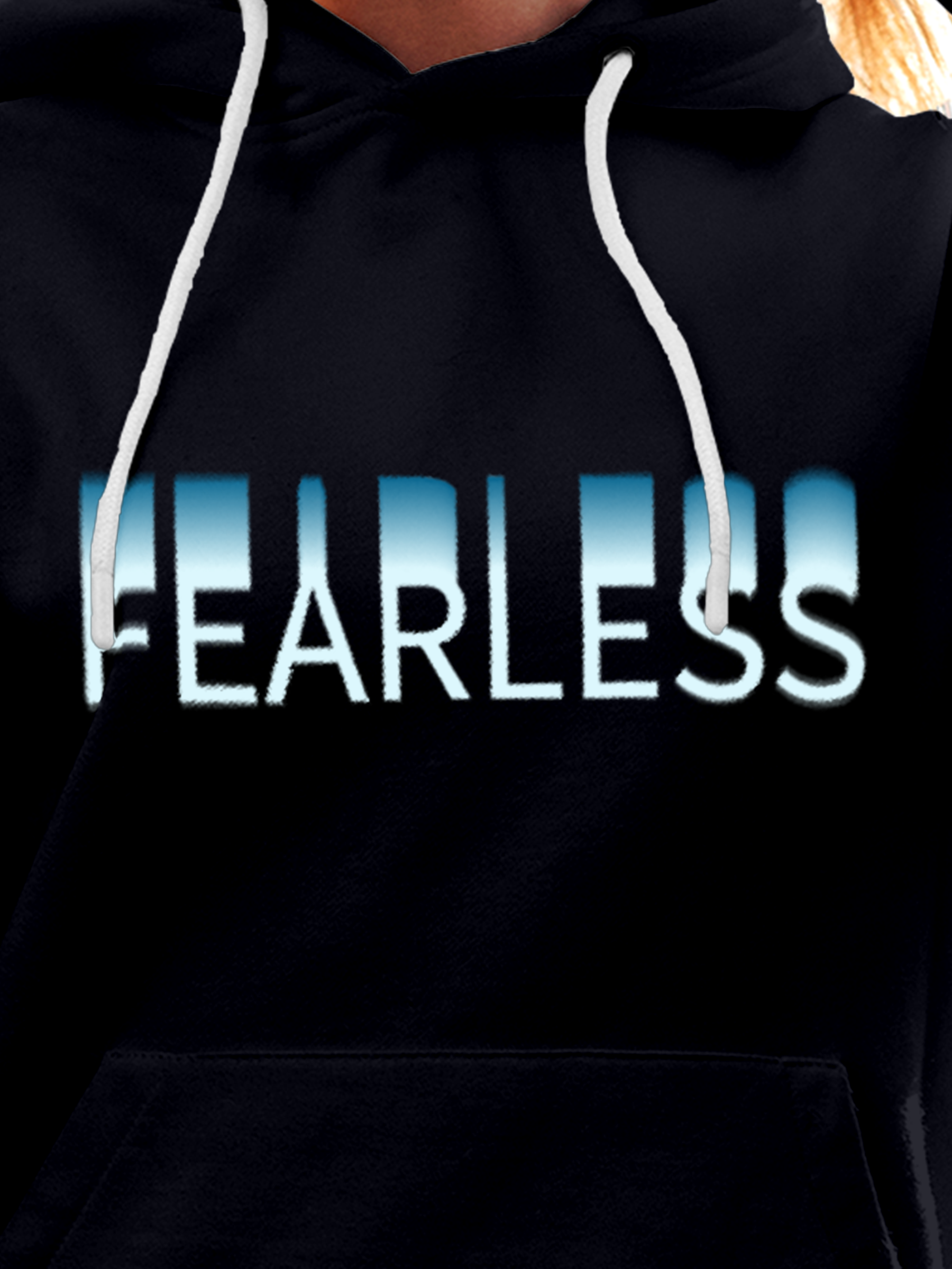 Close up of 'Fearless' design on Women's Navy Blue Hoodie Sweatshirt, highlighting intricate details and vibrant print.