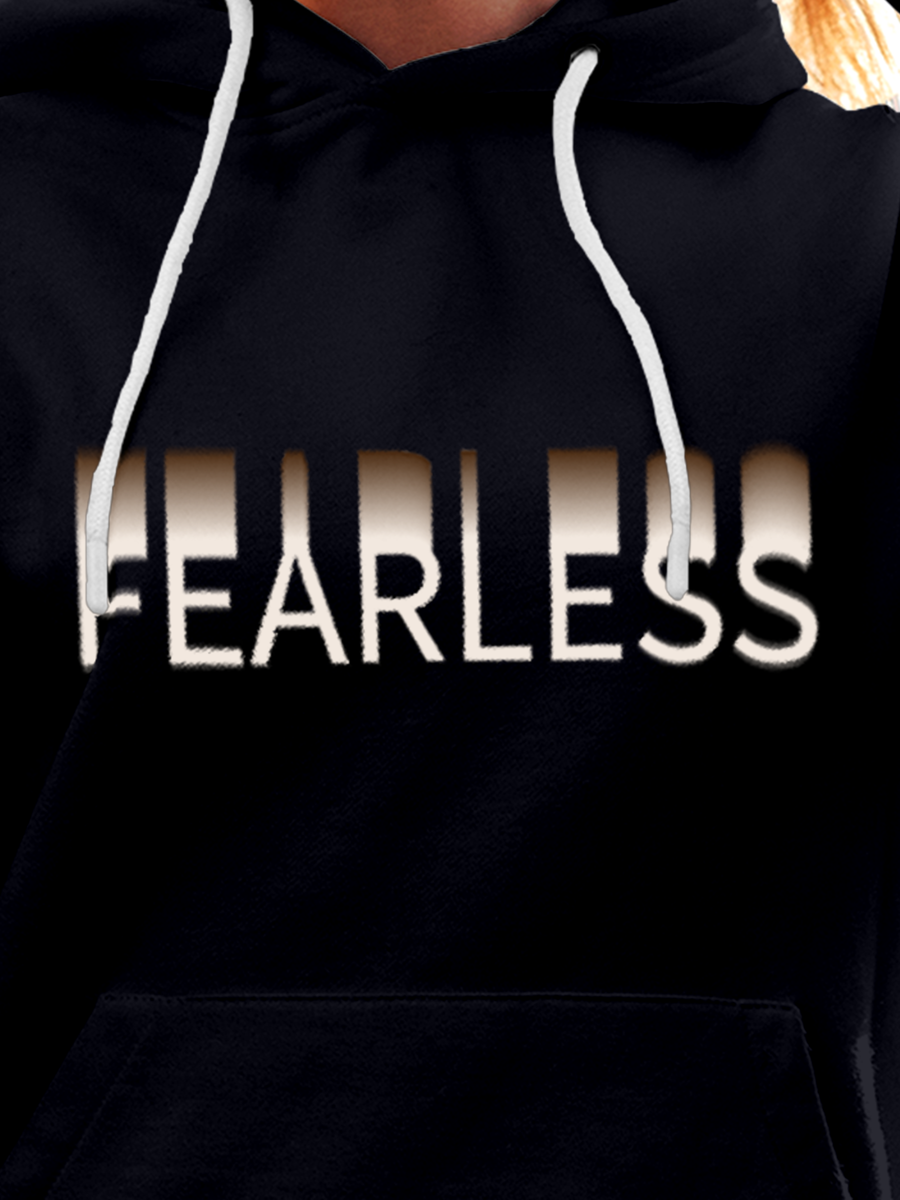 Close up of 'Fearless' design on Women's Navy Blue Hoodie Sweatshirt, highlighting intricate details and vibrant print.