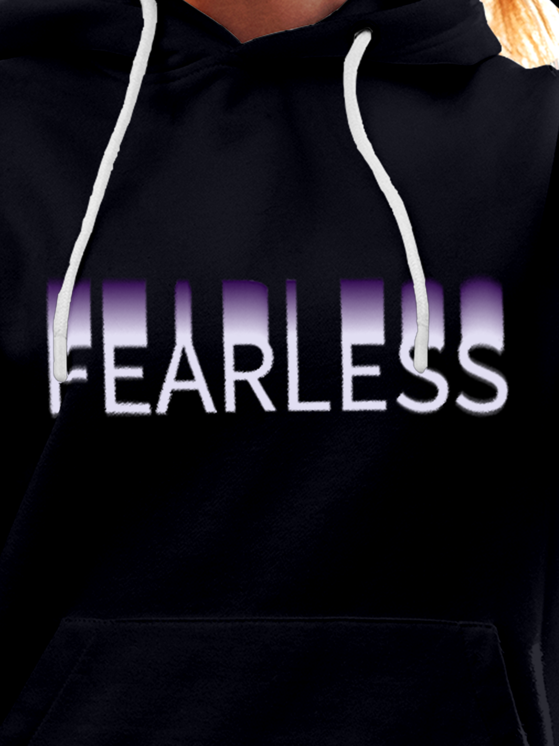 Close up of 'Fearless' design on Women's Navy Blue Hoodie Sweatshirt, highlighting intricate details and vibrant print.
