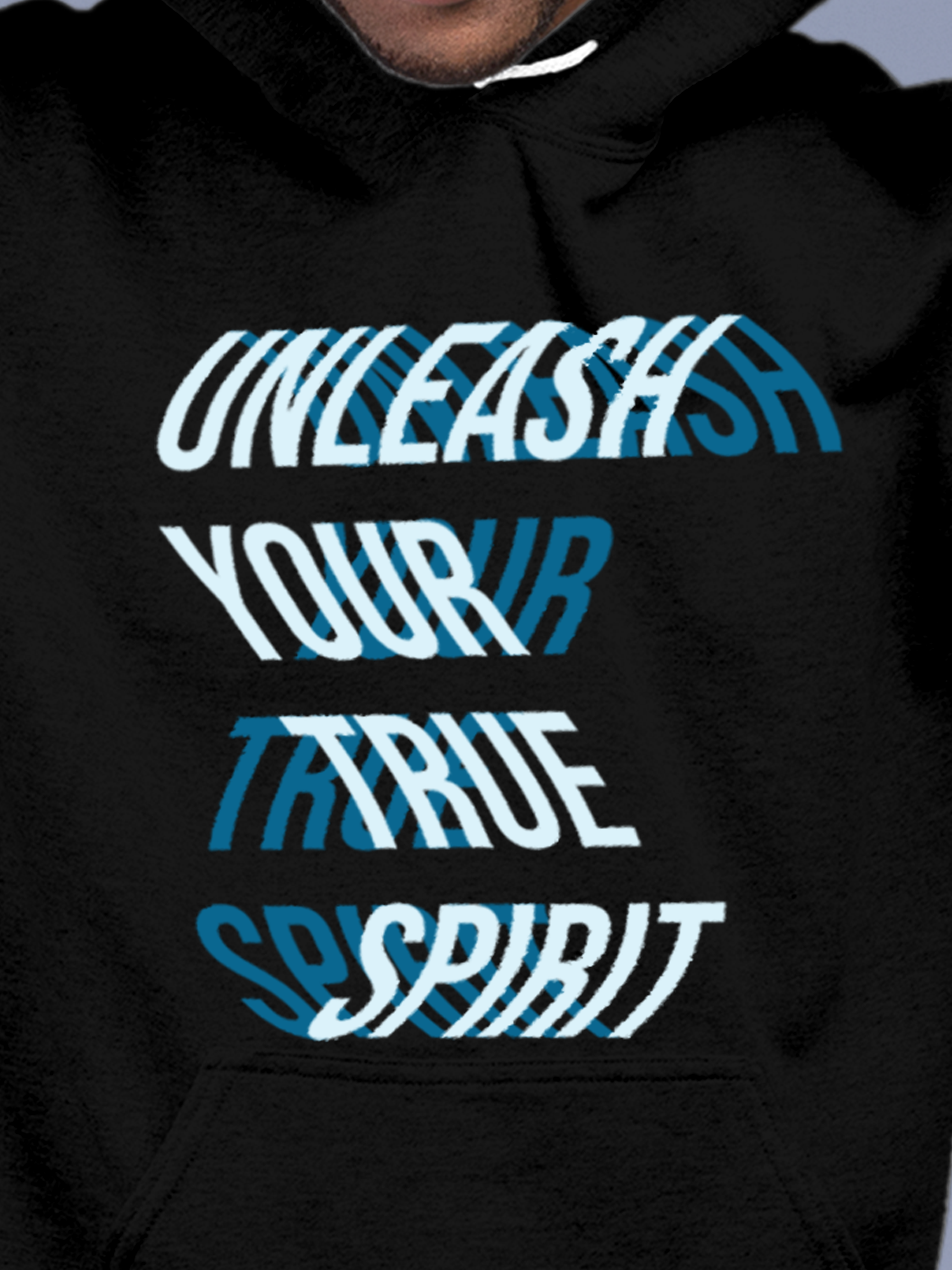 Close up of 'Unleash Your True Spirit' design on Men's Black Hoodie Sweatshirt, highlighting intricate details and vibrant print.