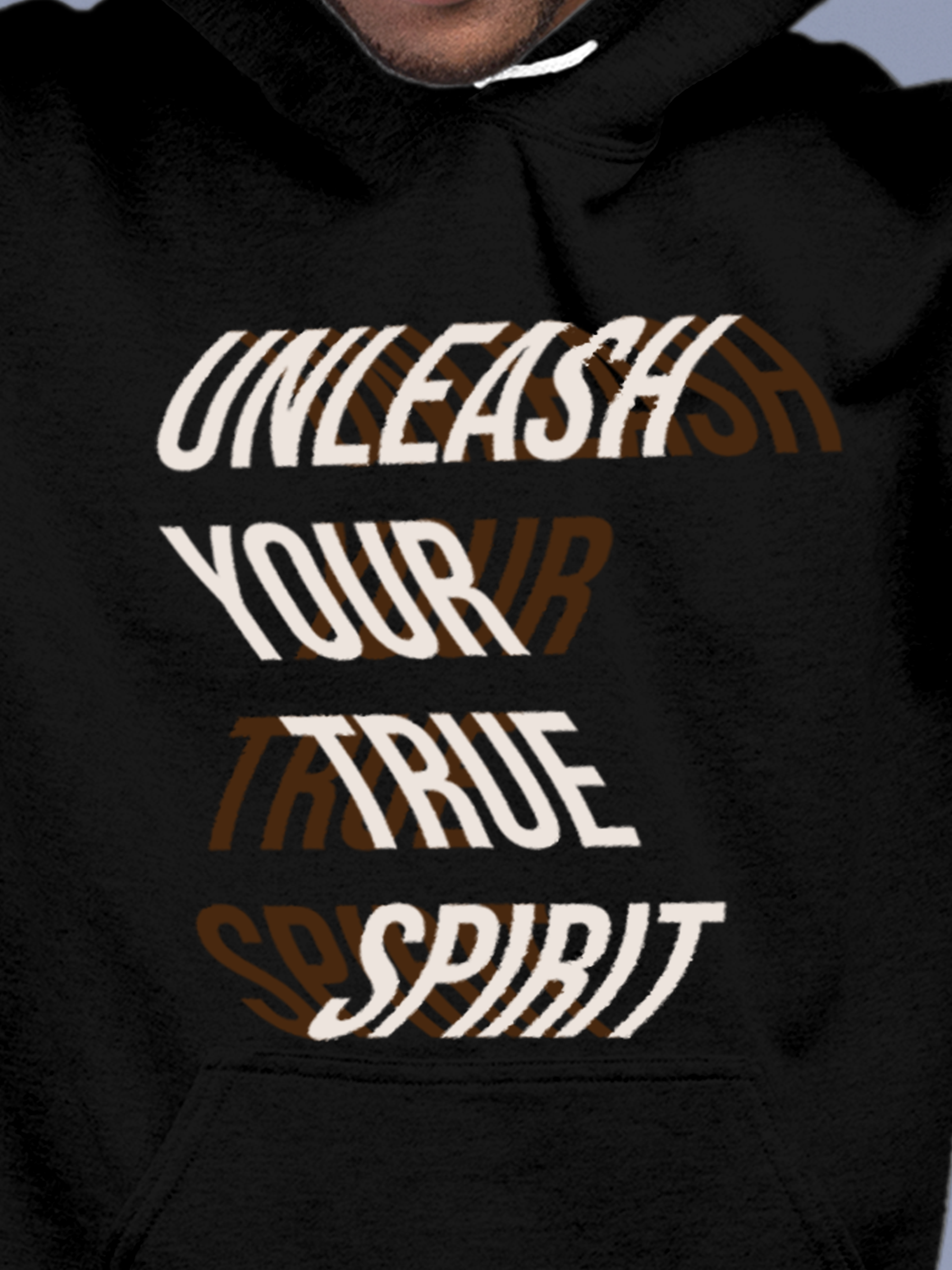 Close up of 'Unleash Your True Spirit' design on Men's Black Hoodie Sweatshirt, highlighting intricate details and vibrant print.