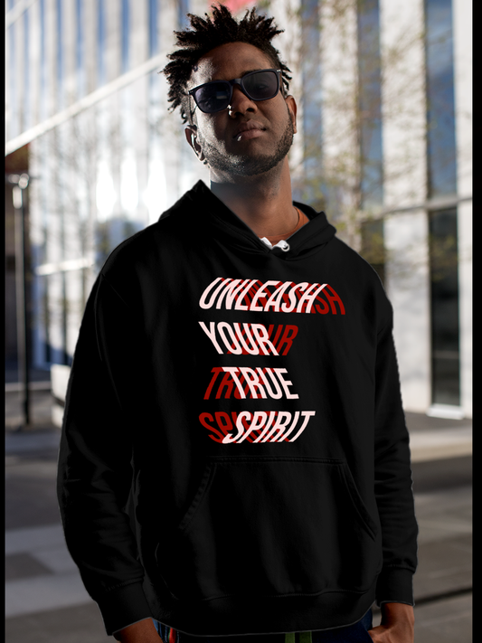 Fighterhero Hoodie Collection: Model wearing Men's Black Hoodie Sweatshirt with 'Unleash Your True Spirit' design