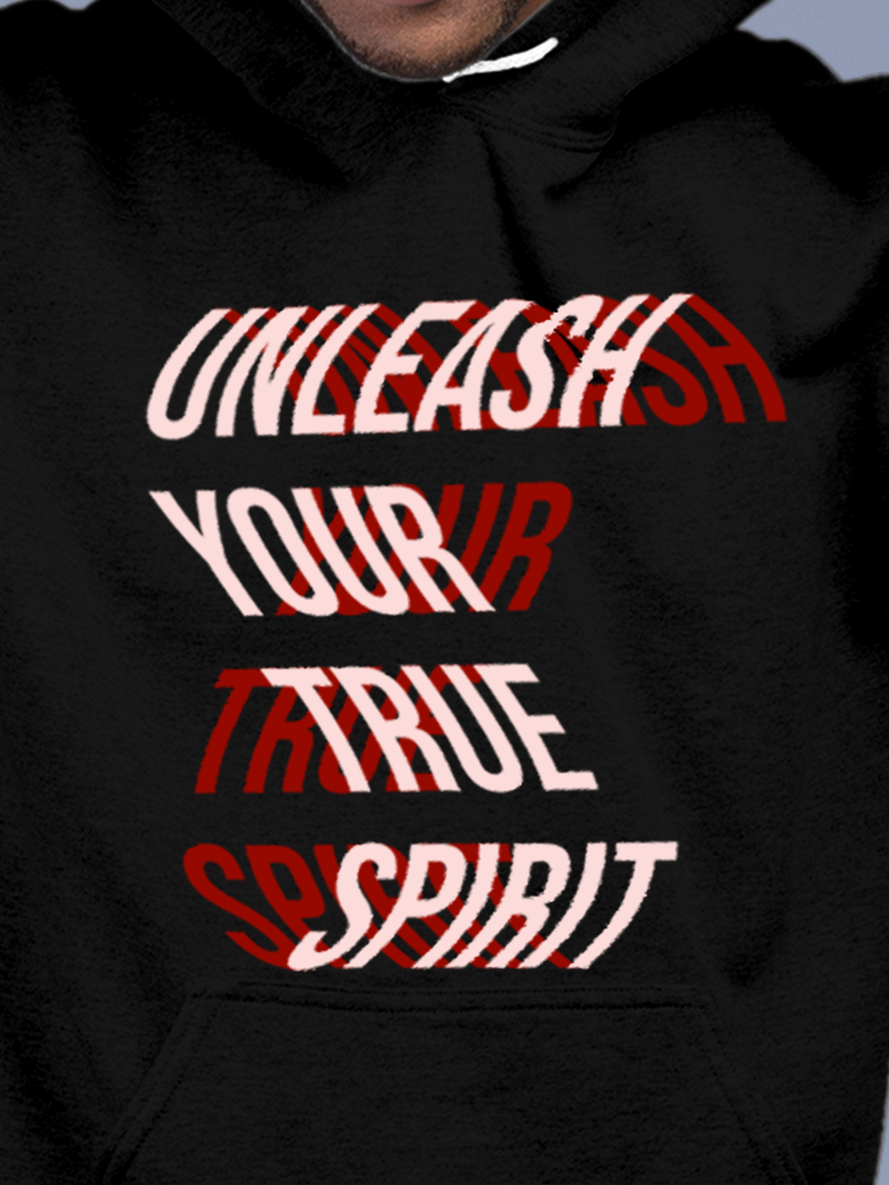 Close up of 'Unleash Your True Spirit' design on Men's Black Hoodie Sweatshirt, highlighting intricate details and vibrant print.