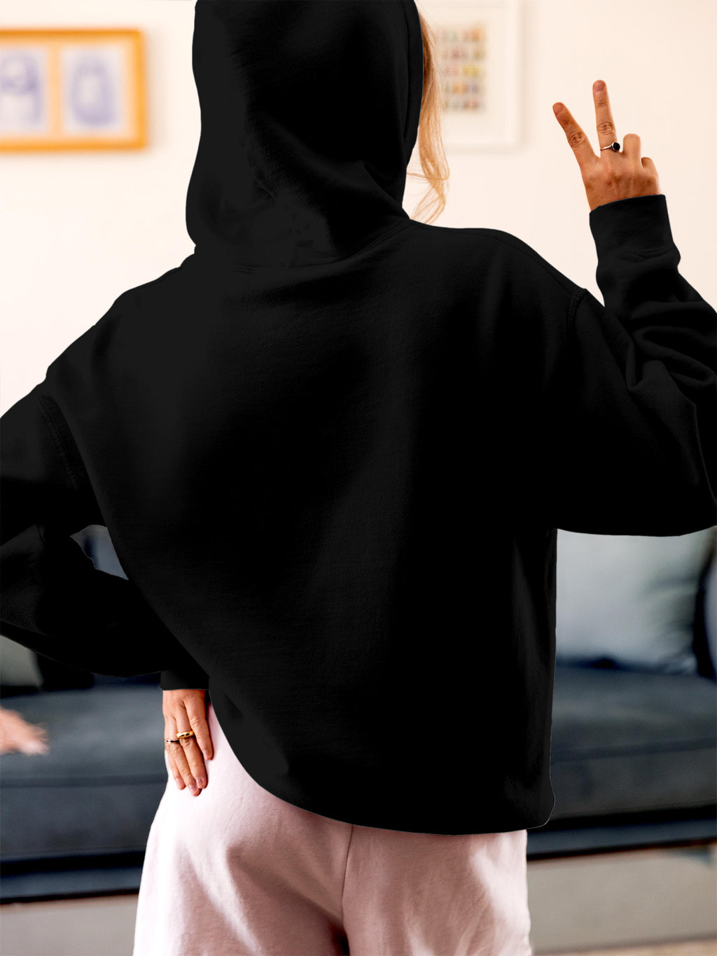 Back view of Fighterhero Women's Black Hoodie Sweatshirt, highlighting the modern look and clean finish