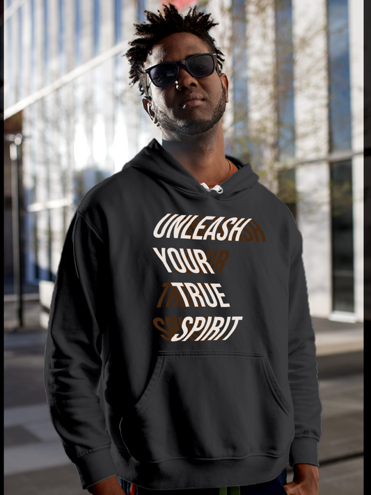Fighterhero Hoodie Collection: Model wearing Men's Charcoal Grey Hoodie Sweatshirt with 'Unleash Your True Spirit' design