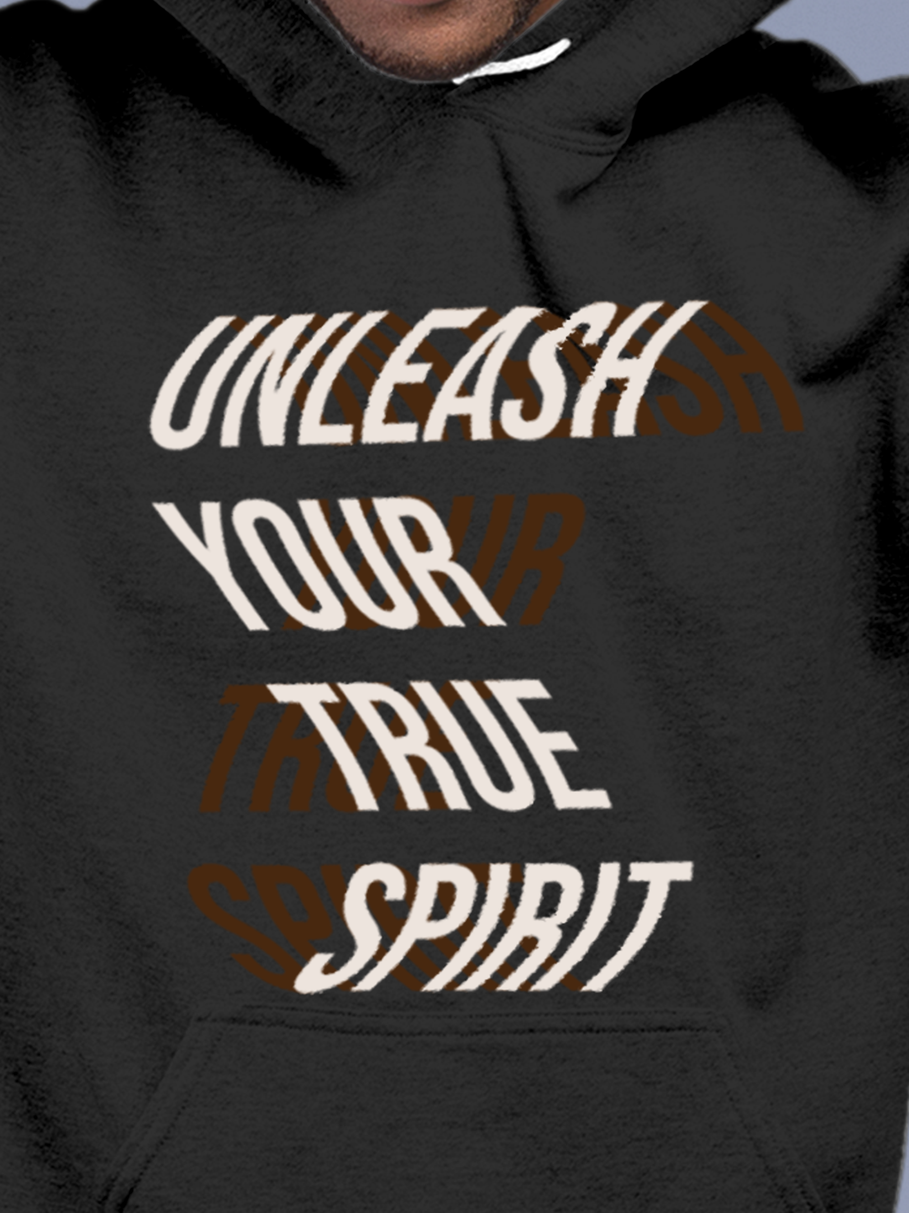 Close up of 'Unleash Your True Spirit' design on Men's Charcoal Grey Hoodie Sweatshirt, highlighting intricate details and vibrant print.