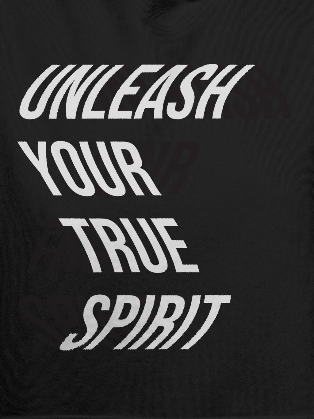 Close up of 'Unleash Your True Spirit' design on Men's Dark Grey Hoodie Sweatshirt, highlighting intricate details and vibrant print.