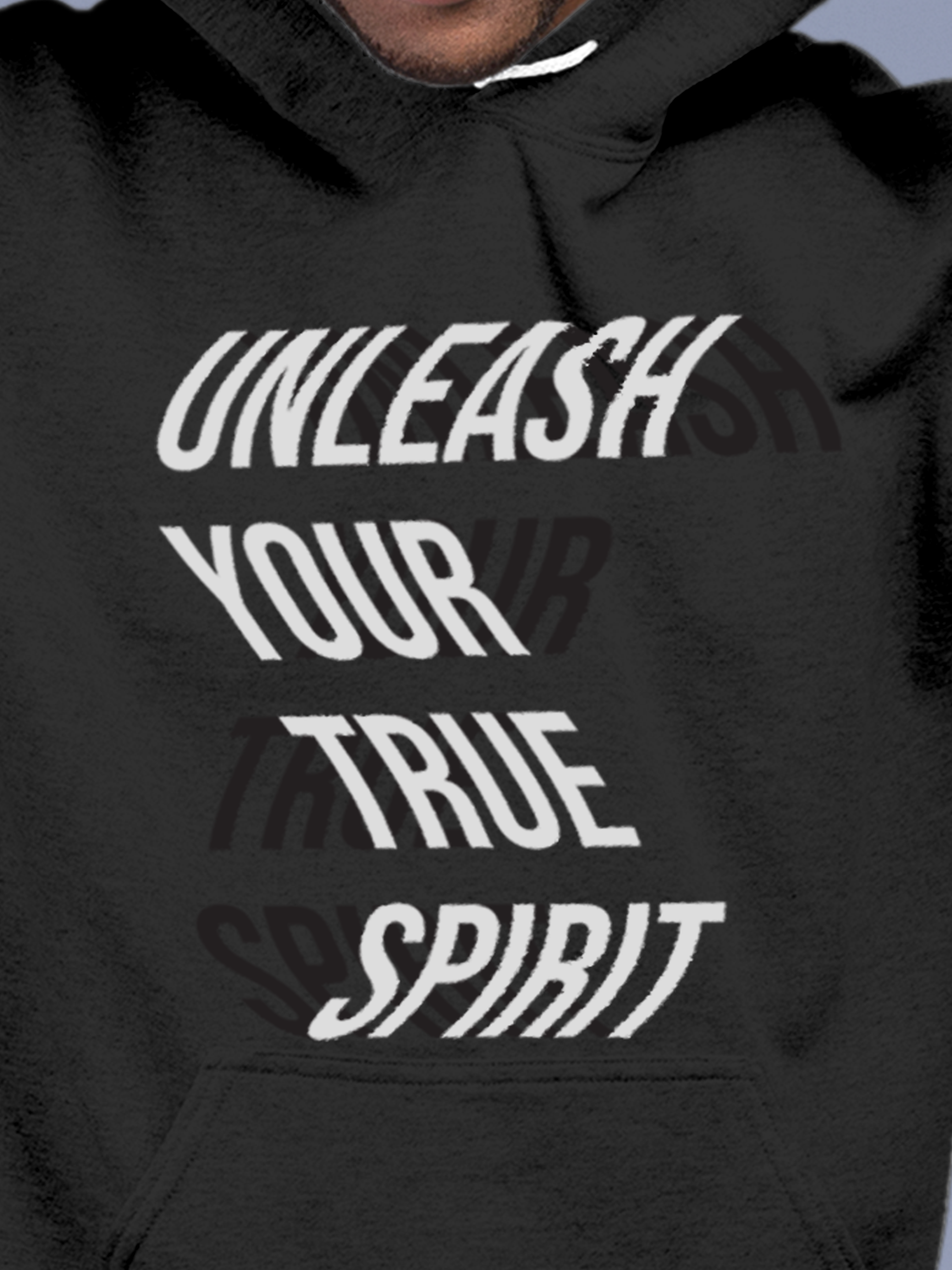 Close up of 'Unleash Your True Spirit' design on Men's Charcoal Grey Hoodie Sweatshirt, highlighting intricate details and vibrant print.