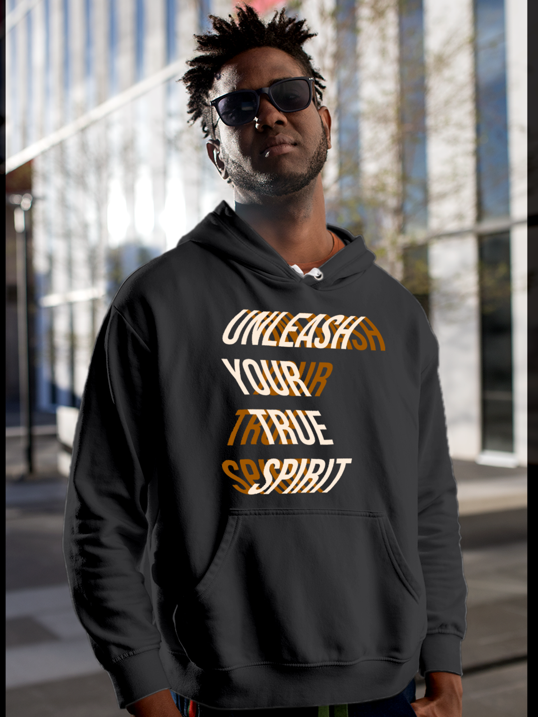 Model wearing Men's Charcoal Grey Hoodie Sweatshirt with 'Unleash Your True Spirit' design, offering effortless style and premium comfort
