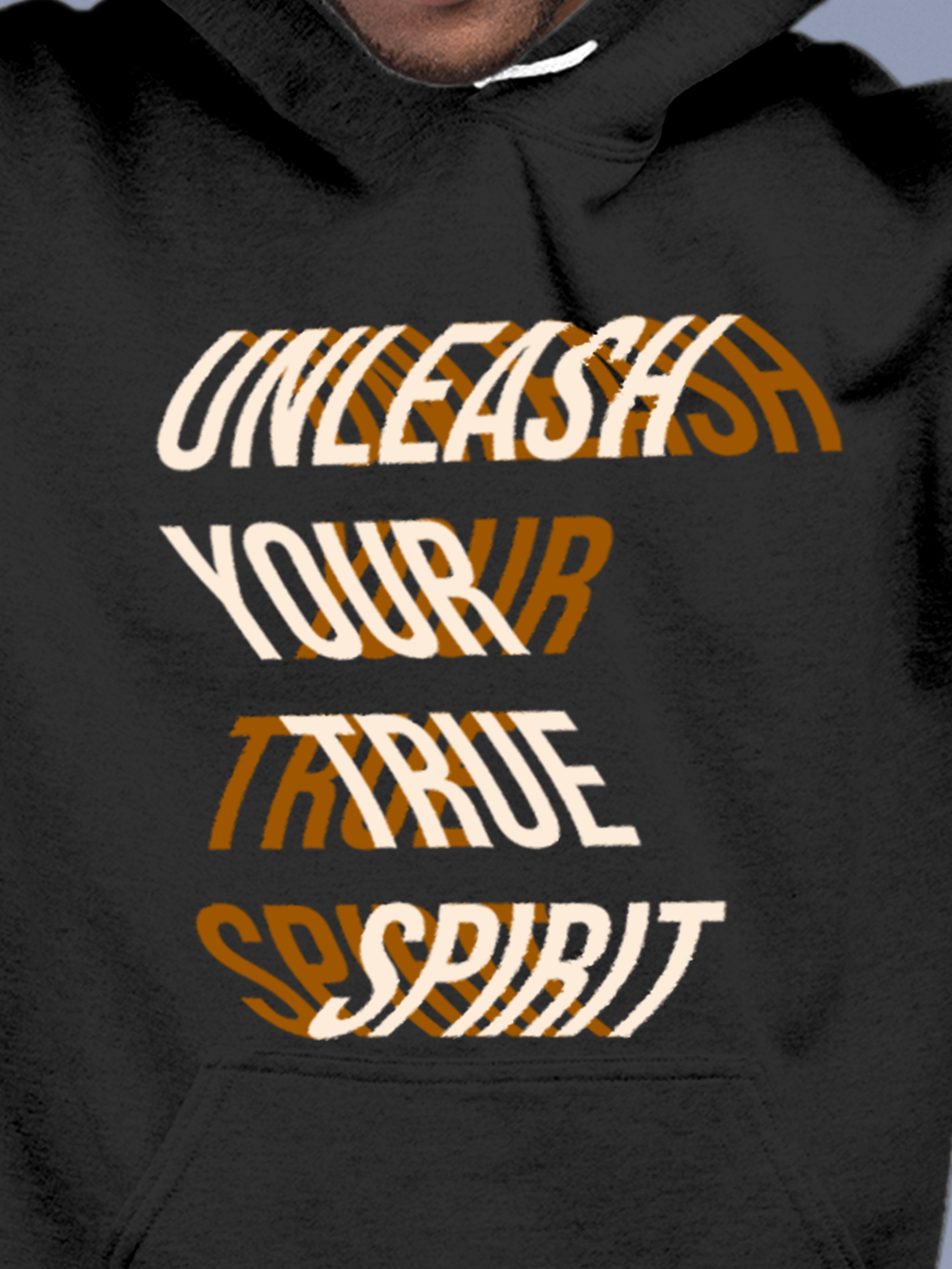 Close up of 'Unleash Your True Spirit' design on Men's Charcoal Grey Hoodie Sweatshirt, highlighting intricate details and vibrant print.