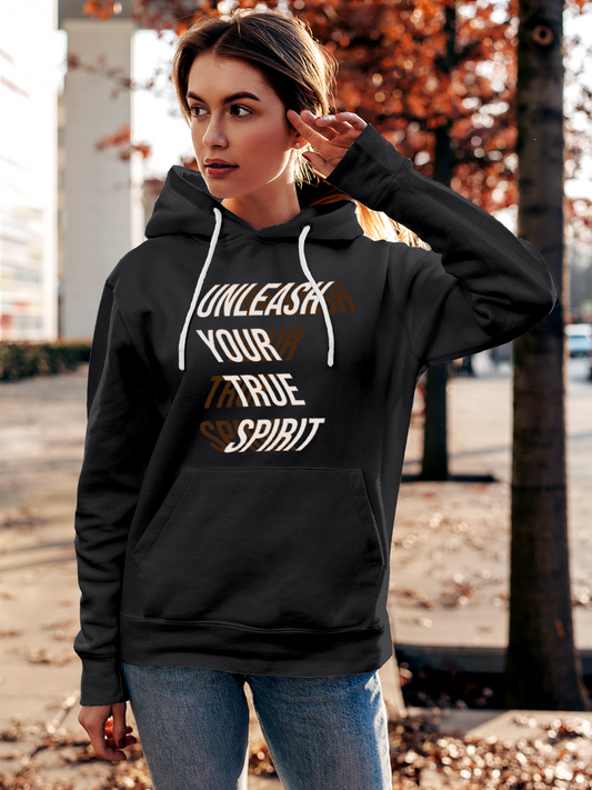 Fighterhero Hoodie Collection: Model wearing Women's Charcoal Grey Hoodie Sweatshirt with 'Unleash Your True Spirit' design